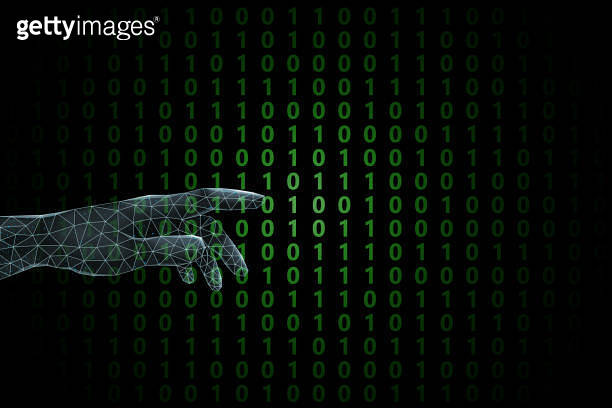 Green binary code on black background with plexus lines hand 이미지 ...