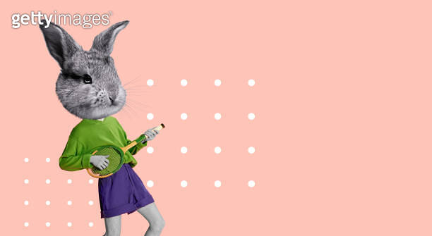 Rabbit, bunny head on male body playing with tennis racket. Creative ...