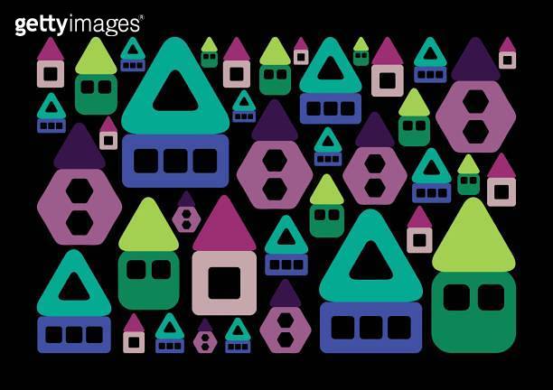 Abstract cozy colorful houses. Geometric shapes. Pattern on black ...