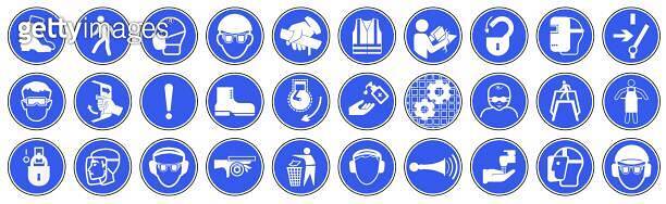 Mandatory signs in production. Used for industrial purposes to protect ...