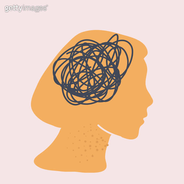 Vector illustration of Woman s head, thought inside. Inner confusion ...