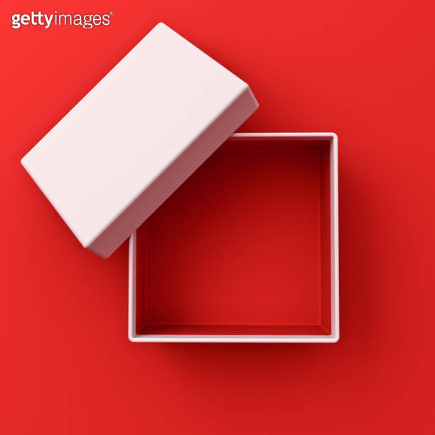 Blank white box open or top view of empty present box isolated on red