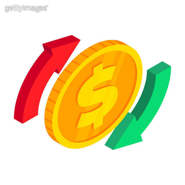 Isometric dollar exchange icon. Gold USA coin with arrows. 3d Cash