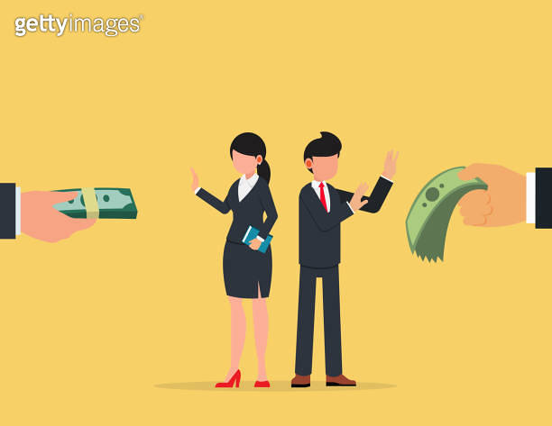 Rejection or refusal concept. Business man and woman refusing bribes ...