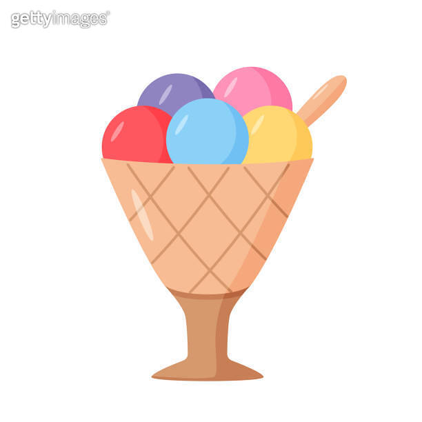 Ice cream in creamers and baskets. Vector illustration of summer