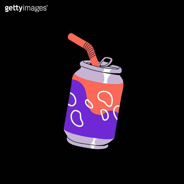 Vintage soda can. Carbonated drink in retro aluminium bottle with straw