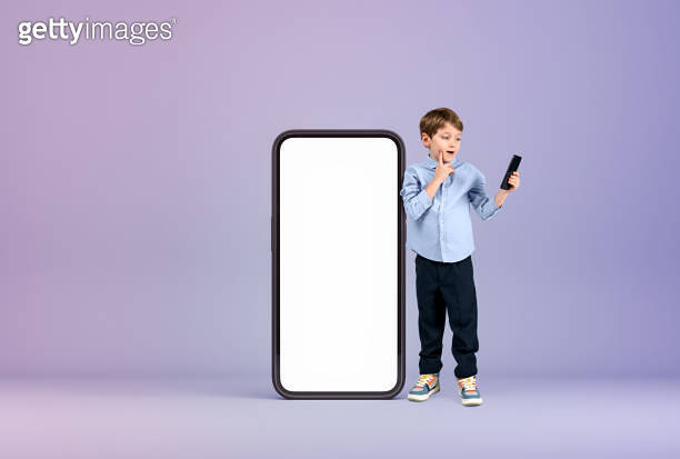 Kid with phone standing near large mockup display, online education 이미지 ...