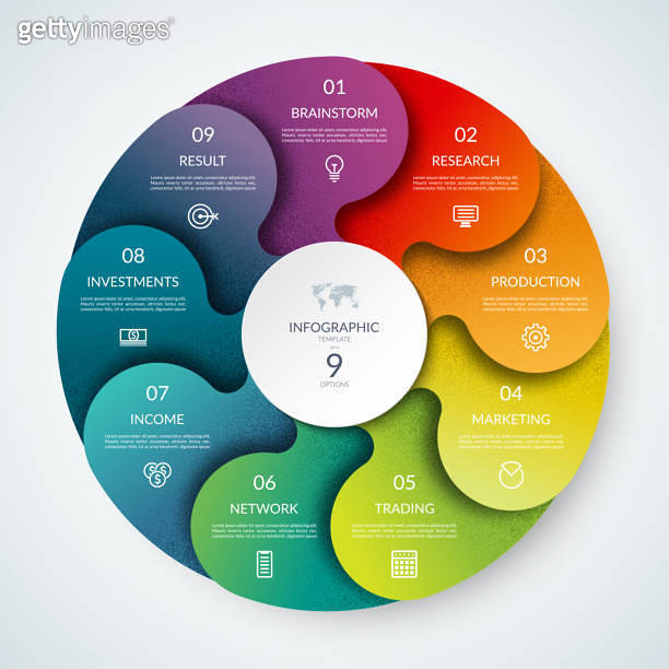 Vector infographic circle. Cycle diagram with 9 steps. Round chart that ...