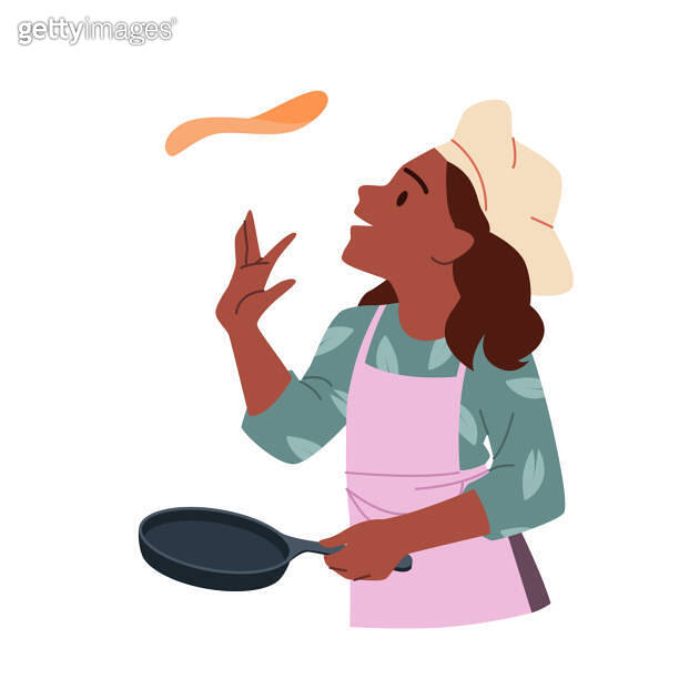 Girl flipping pancake in pan, funny woman in chef apron and hat frying