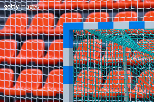 Gate for futsal or handball in gym. Detail of gate frame and net ...