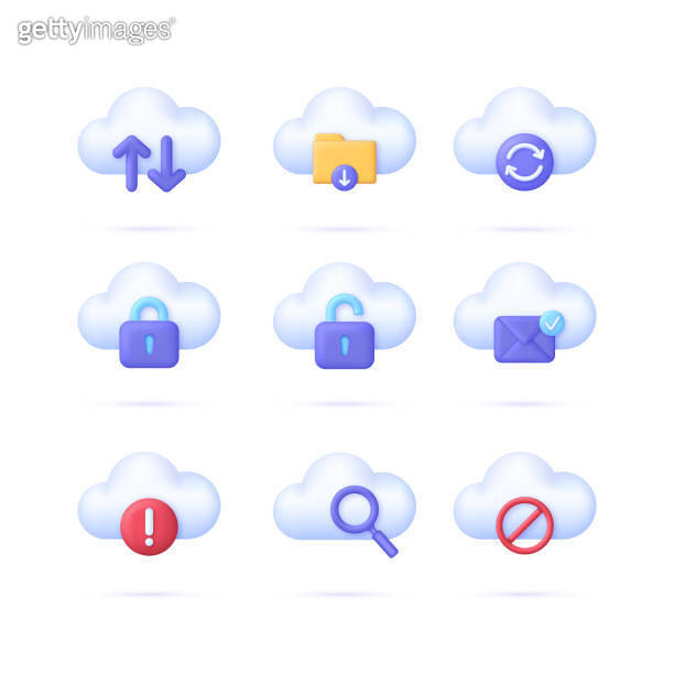 3D Set of Cloud Computing icons. Download, upload, synchronization