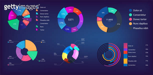 Neon gradient pie chart, infographic collection for reports and ...
