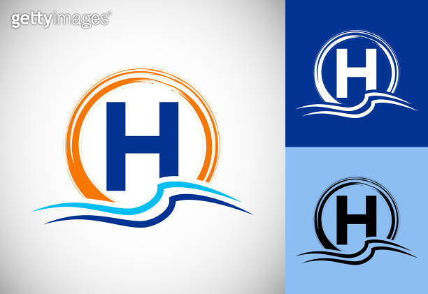 Initial H monogram letter with water ocean waves and the sun. Beach ...