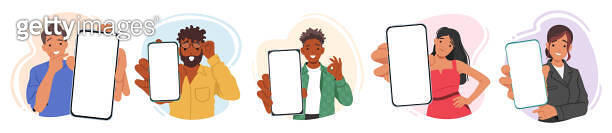 Young Male And Female Characters Holding Smartphones With Blank Screens ...
