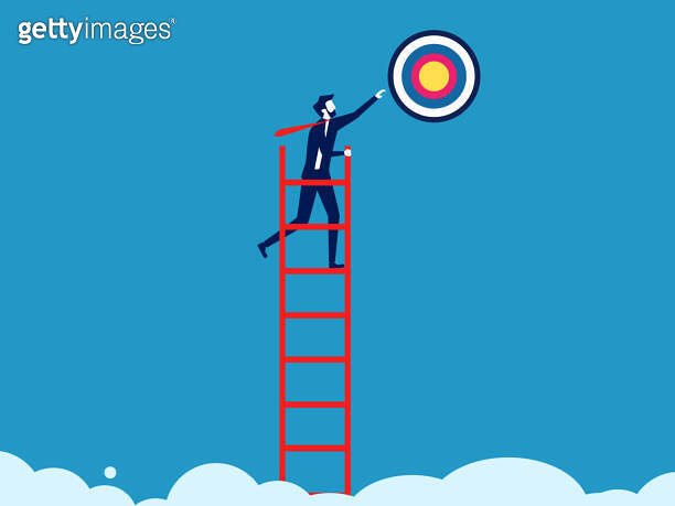 Grab Target Target accomplished. Businessman climbing a ladder to grab the target ...