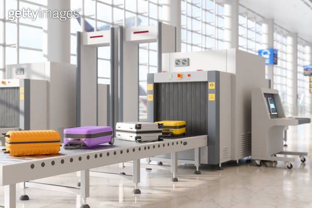 Airport Security Checkpoint With X-Ray Scanner Scanning Luggages 이미지 ...