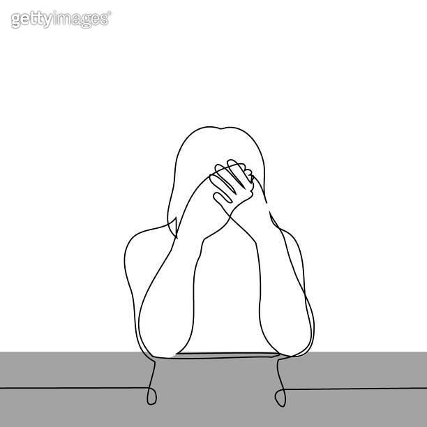 woman crying uncontrollably at the table - one line art vector. the ...