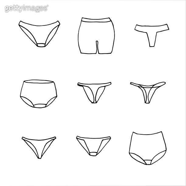 Vector set of female panties in the style of doodle. Hand Drawn