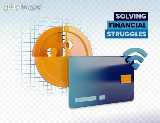 3d rendering illustration of credit card and coins in puzzle metaphor ...