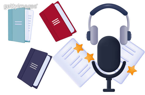 Audiobook. Books, microphone, headphones 3d icon. Modern device for ...