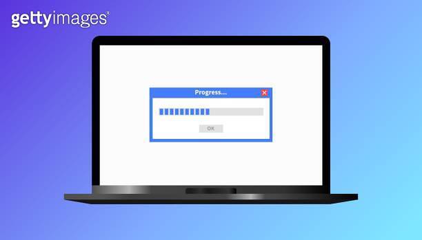 Progress icon on laptop screen. Flat, blue, laptop screen, progress ...
