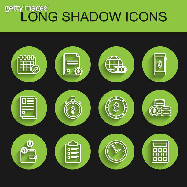 Set line Wallet with coins, Clipboard checklist, Calendar, Clock, Calculator, Time money, Coin