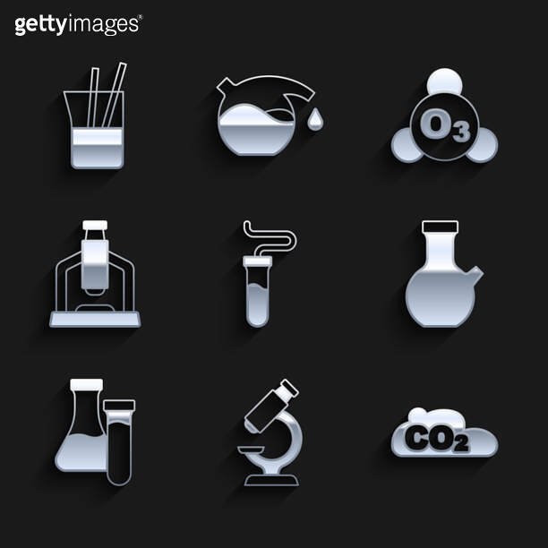 Set Test tube, Microscope, CO2 emissions in cloud, Ozone and Laboratory