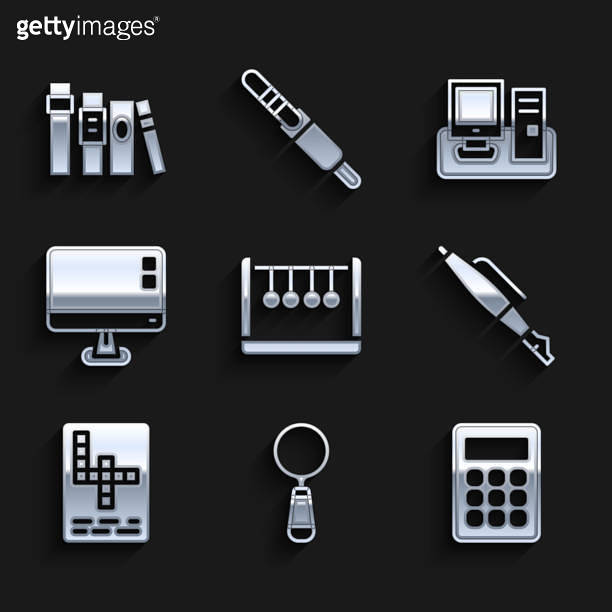 Set Pendulum, Magnifying glass, Calculator, Fountain pen nib, Crossword