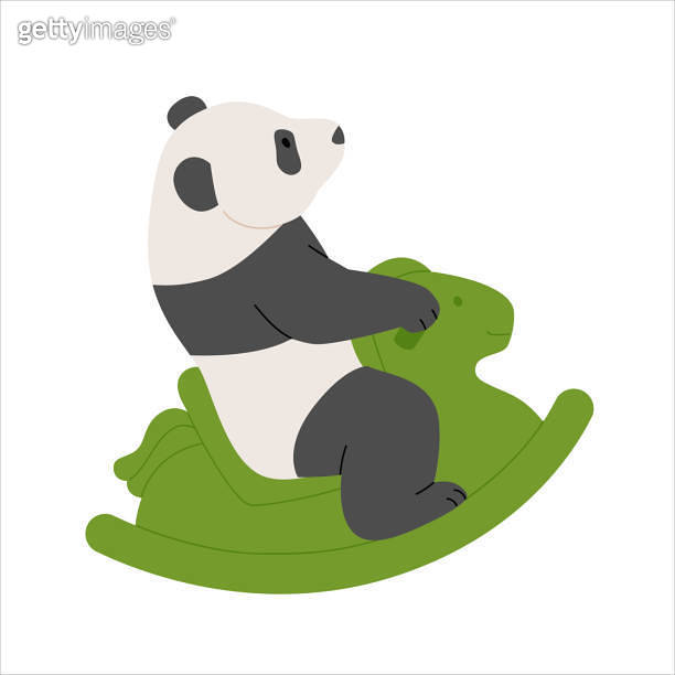 A baby panda playing while riding a wooden horse. simple hand drawn ...