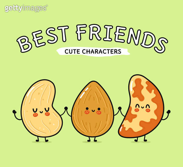 Cute, funny happy almonds, Brazilian nut and cashews nut friends