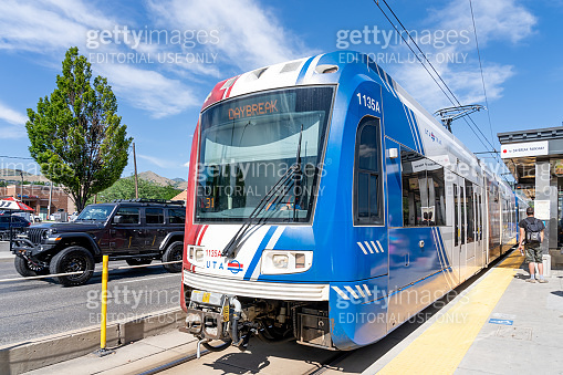 A UTA TRAX light rail train at a TRAX station in Salt Lake City, Utah ...