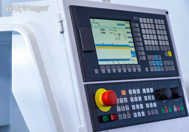 Front view on cnc milling machine control panel with display ...