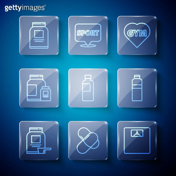 Set line Sports nutrition, Bathroom scales, Fitness gym heart, shaker