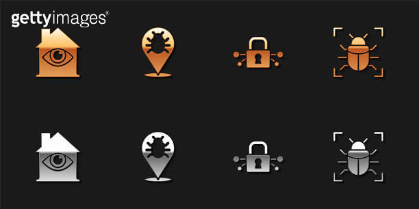 Set House with eye scan, System bug, Cyber security and icon. Vector ...