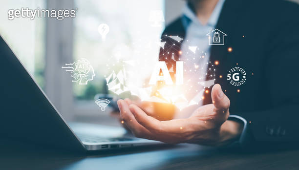 Programmer people working laptops or smartphones with AI, artificial ...