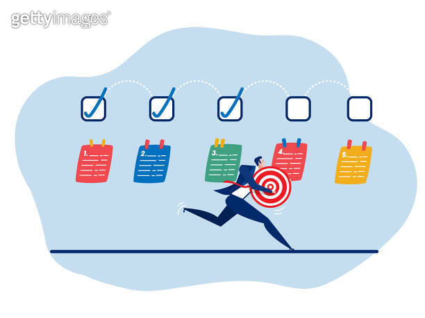 businessman running on completed checkbox to reach goal finished ...