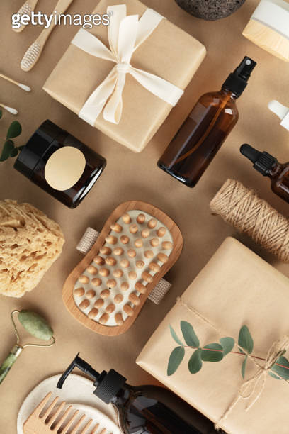 Flat lay composition with eco friendly personal care products on beige ...