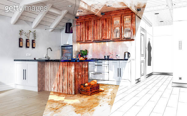 3 version of a photo: a rendered image, a sketch with markers effect, a ...