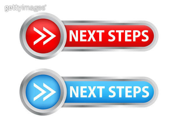 Next step. Two badges with arrow icon. Back and Next buttons suitable ...