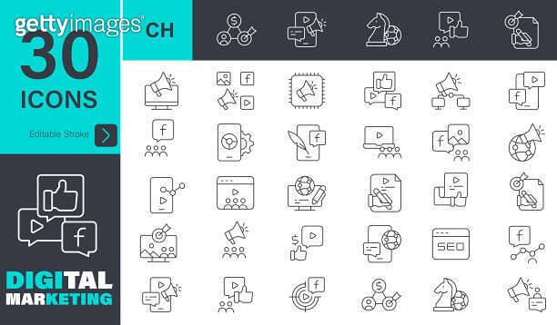 Digital Icon set. 30 editable stroke vector graphic elements, Business ...