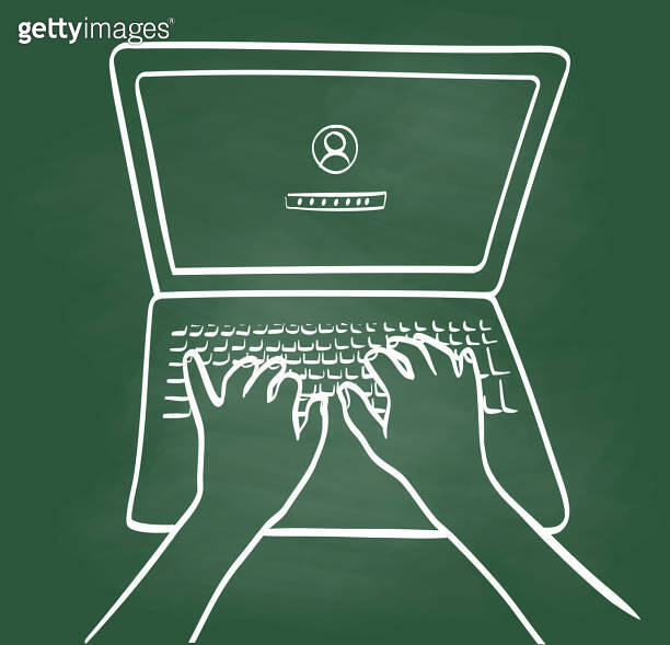 Hands On Laptop Computer Chalkboard 이미지 (1738006109) 게티이미지뱅크