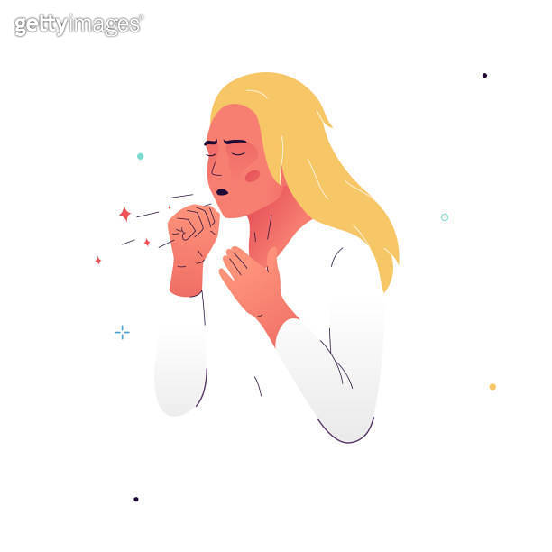 Vector illustration of a girl suffering from a cough. A woman, pressing