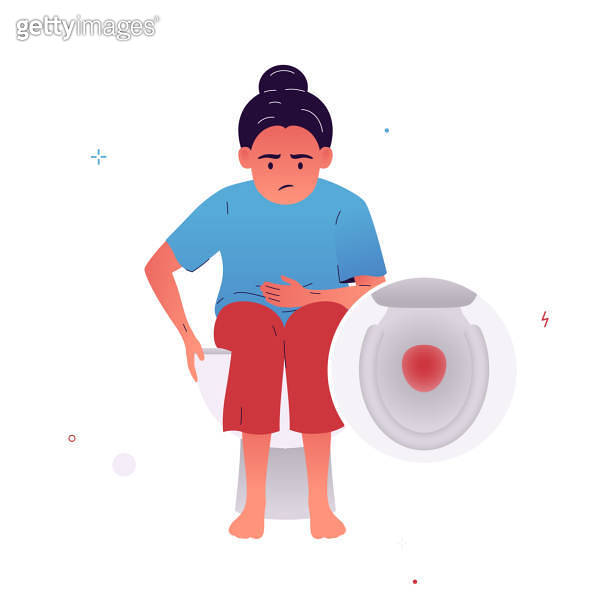 Vector illustration of a girl who sits on the toilet holding her stomach. A person has blood in