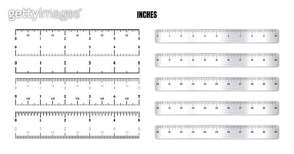 Sge Geight Ruler Realistic metal rulers with black inch scale for measuring length or ...