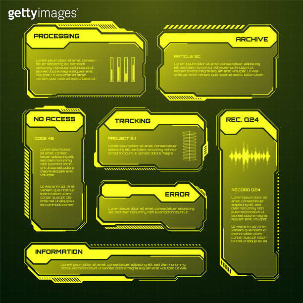 Yellow futuristic HUD, UI elements. Sci-fi user interface text boxes ...