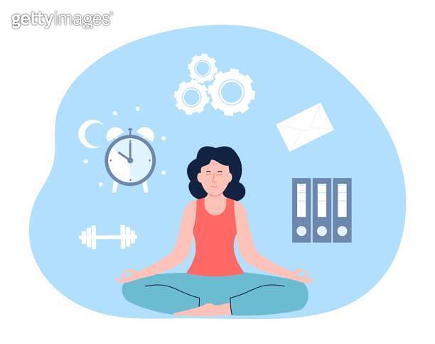 Female job life balance, meditation woman with icons of work, sleep ...