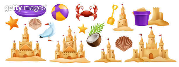 3D sand castle set, summer beach vacation vector clipart kit, kid ...