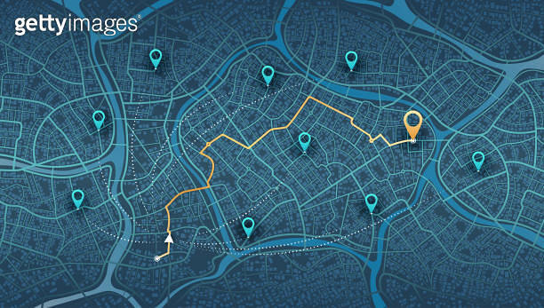 Multiple Map Path Design Abstract Map city. Multiple destinations with location system ...