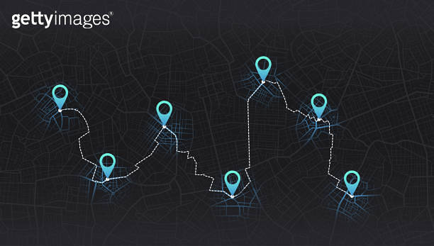 GPS navigator screen with street roads, location, destination points ...