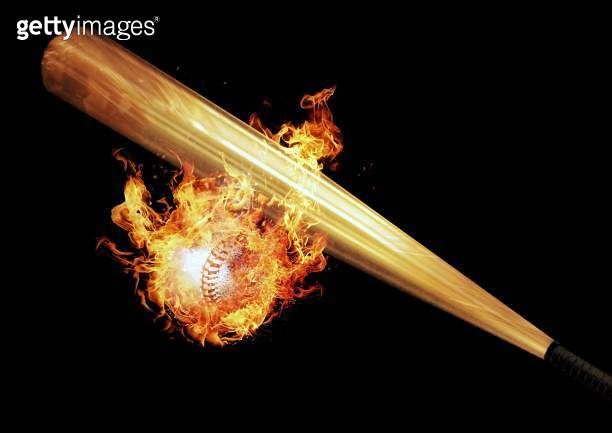 3d illustration of colliding baseball ball and bat composite with ...